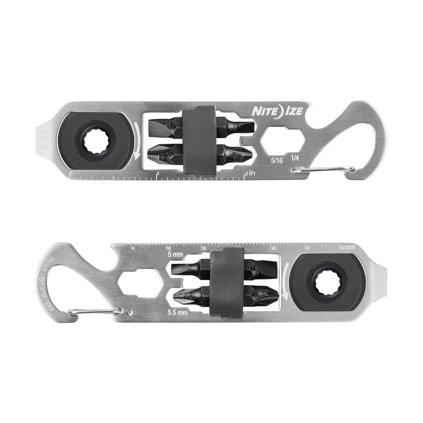 Both faces of the stainless DoohicKey Ratchet, with the two double-ended bits stowed.