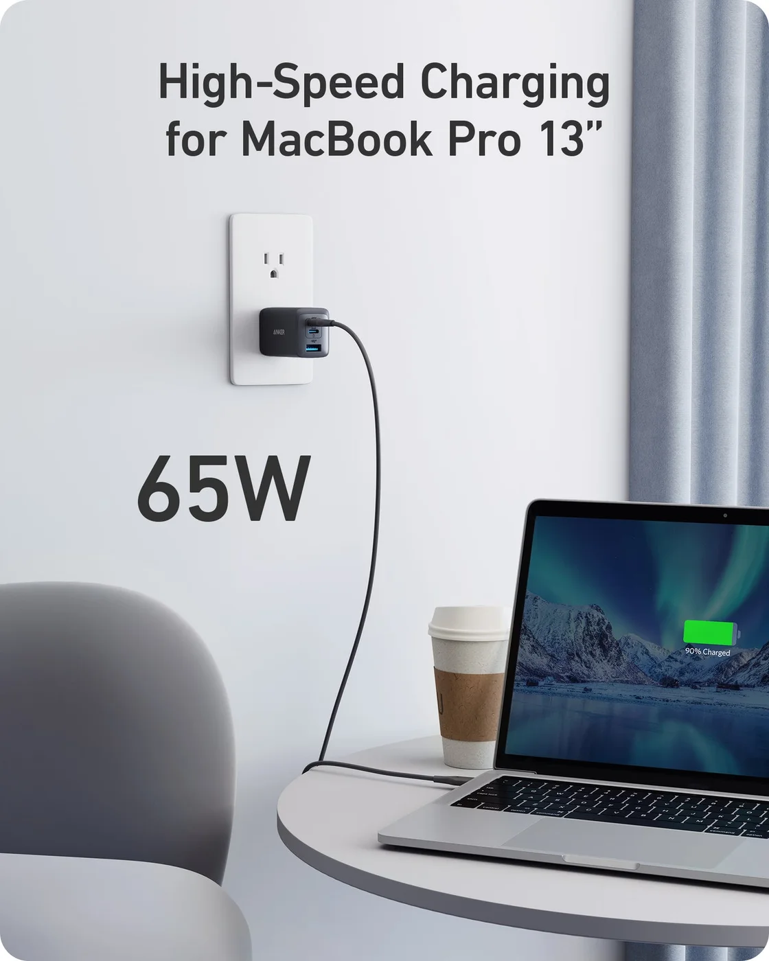 The manufacturer's single-device laptop scene illustrates the up-to-65W configuration, not an independently measured result.