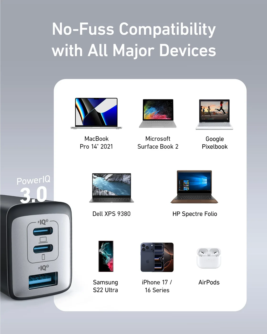 The maker's compatibility illustration is a starting point; verify your exact device and cable.