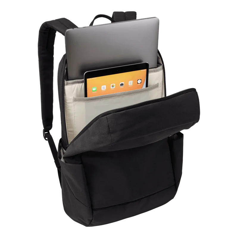 Open main compartment with example laptop and tablet; contents not included.