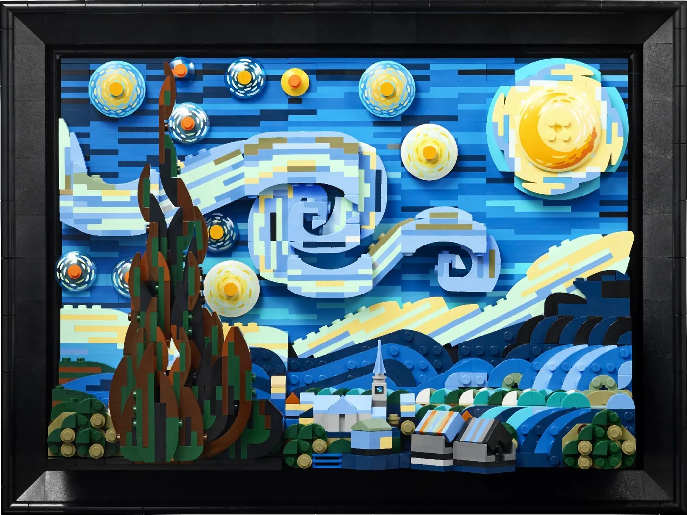 Front of the dimensional brick artwork, with its dark frame.
