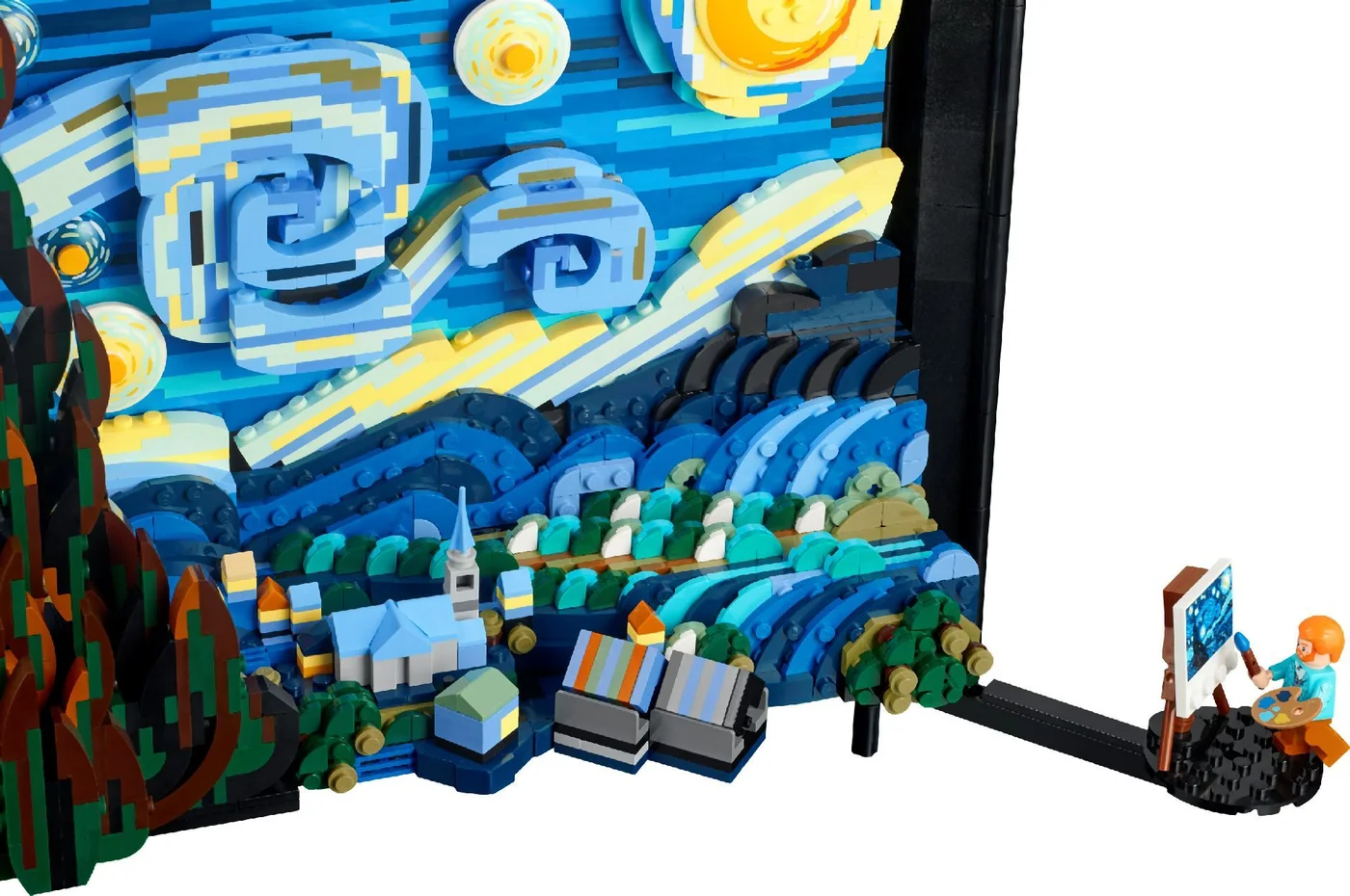 Projecting cypress and layered village construction, with the artist display arm.