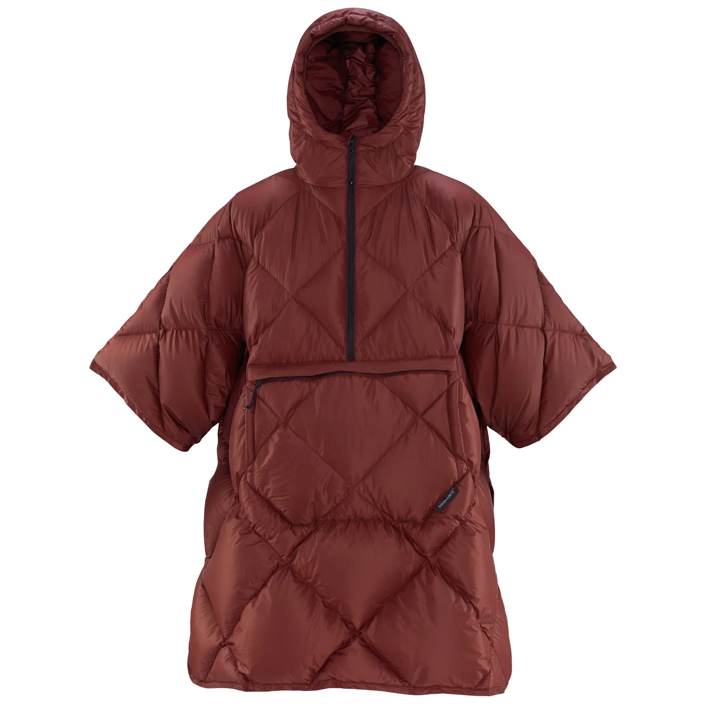 Burgundy adult Honcho Poncho Down has a hood and wearable insulated construction.