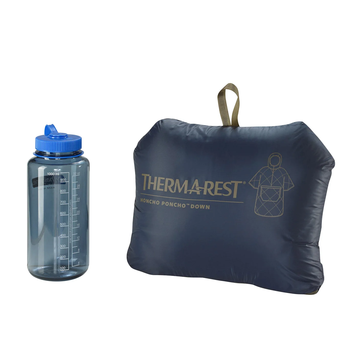 Packed-size reference in OuterSpace Blue illustrates the same Down model's stowing concept; bottle is separate and color differs.