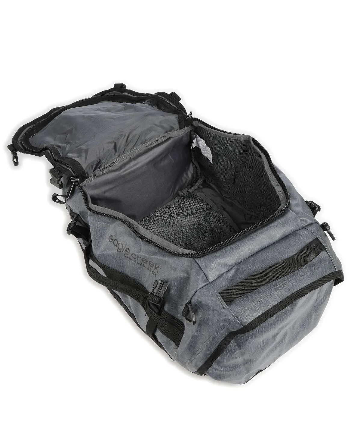 The large main opening and end compartment, shown empty.