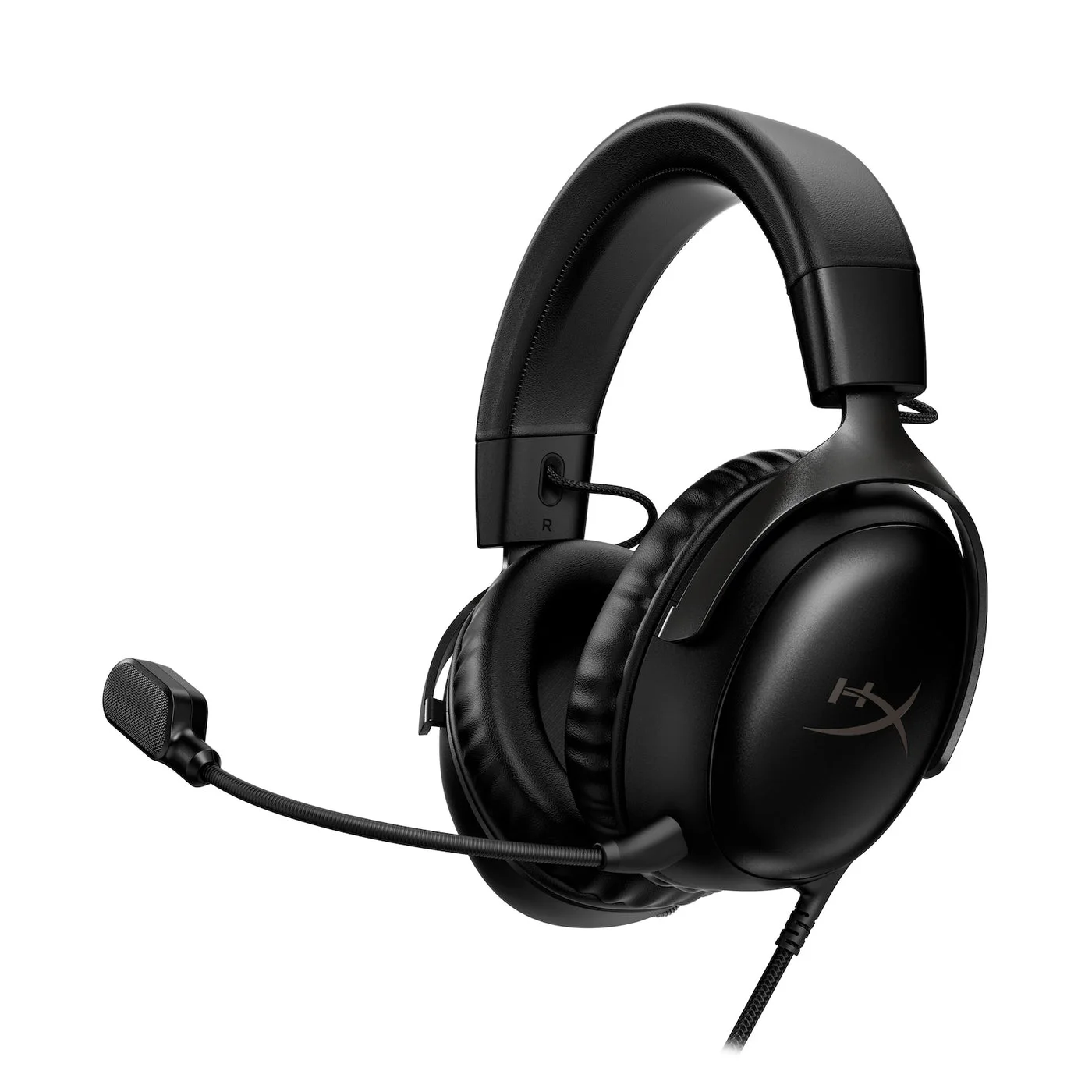 All-black wired HyperX Cloud III with its detachable boom microphone attached.