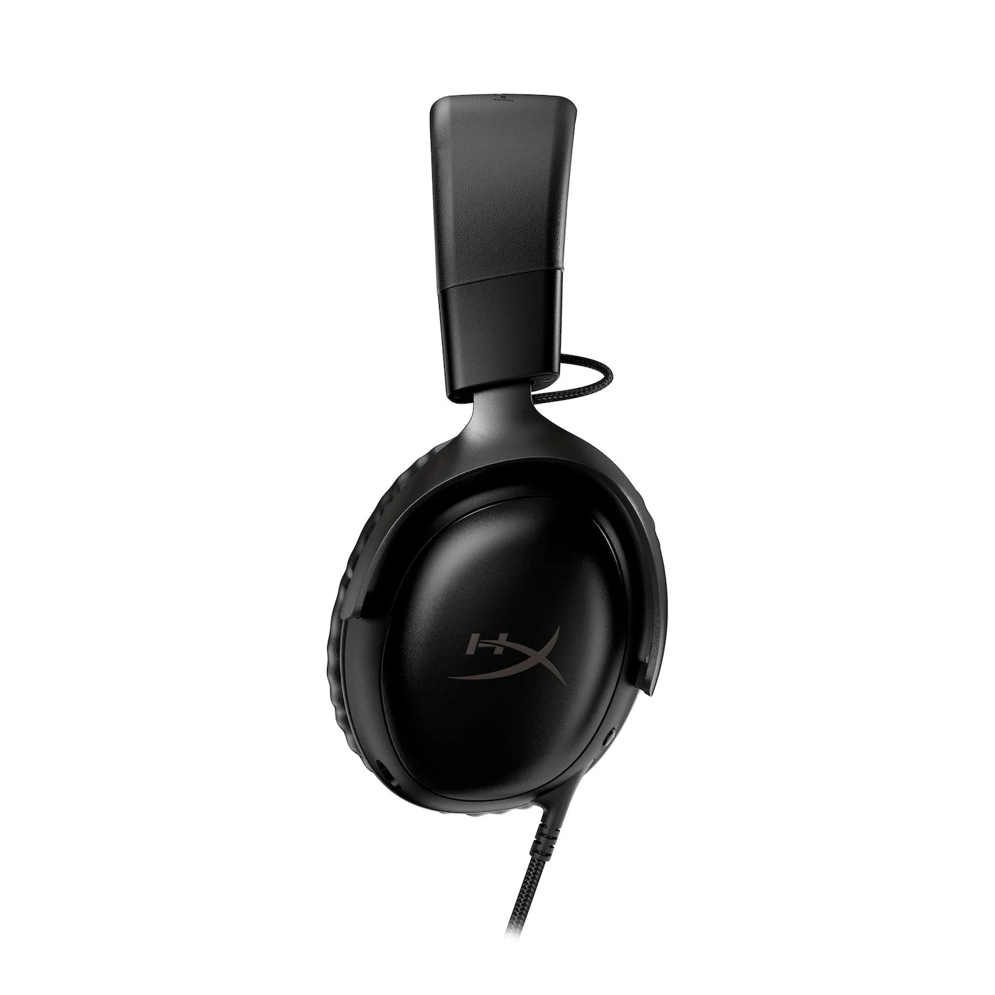 Side profile of the black earcup, headband and microphone connection.