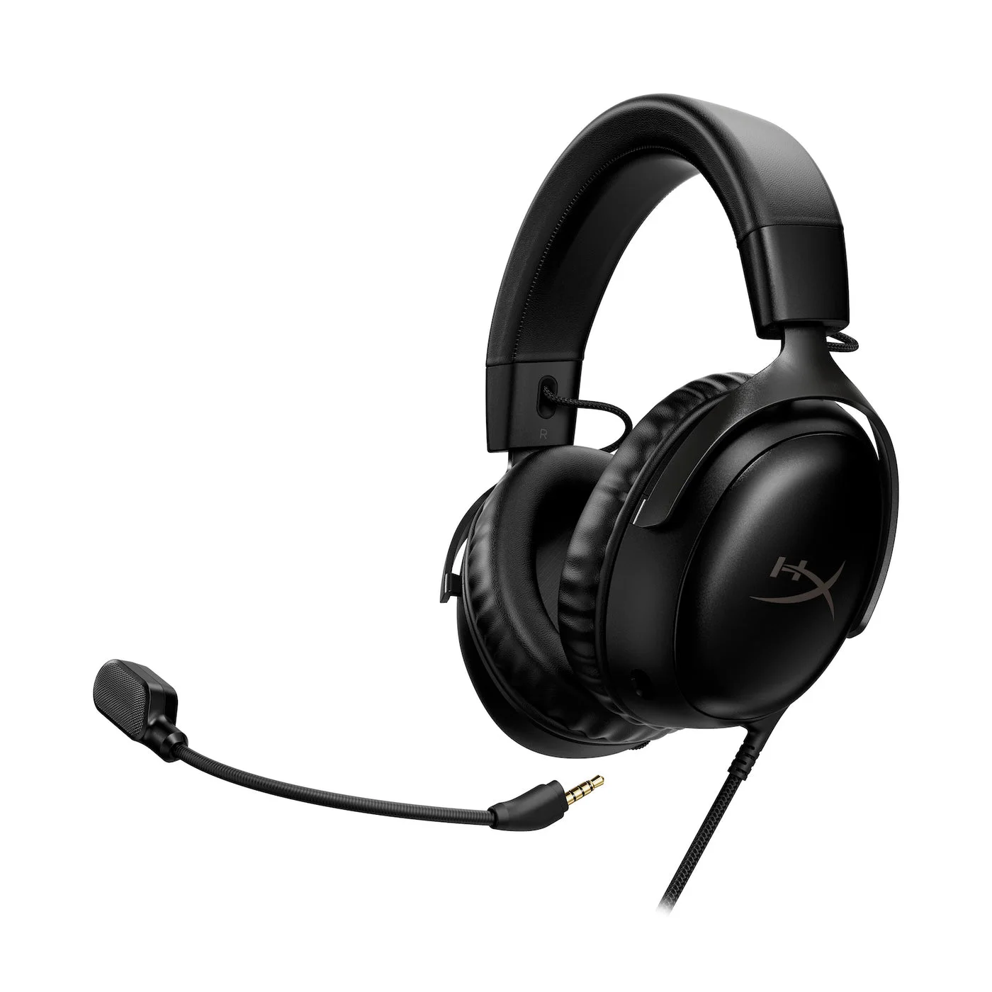 Alternate angle of the wired black headset and microphone position.