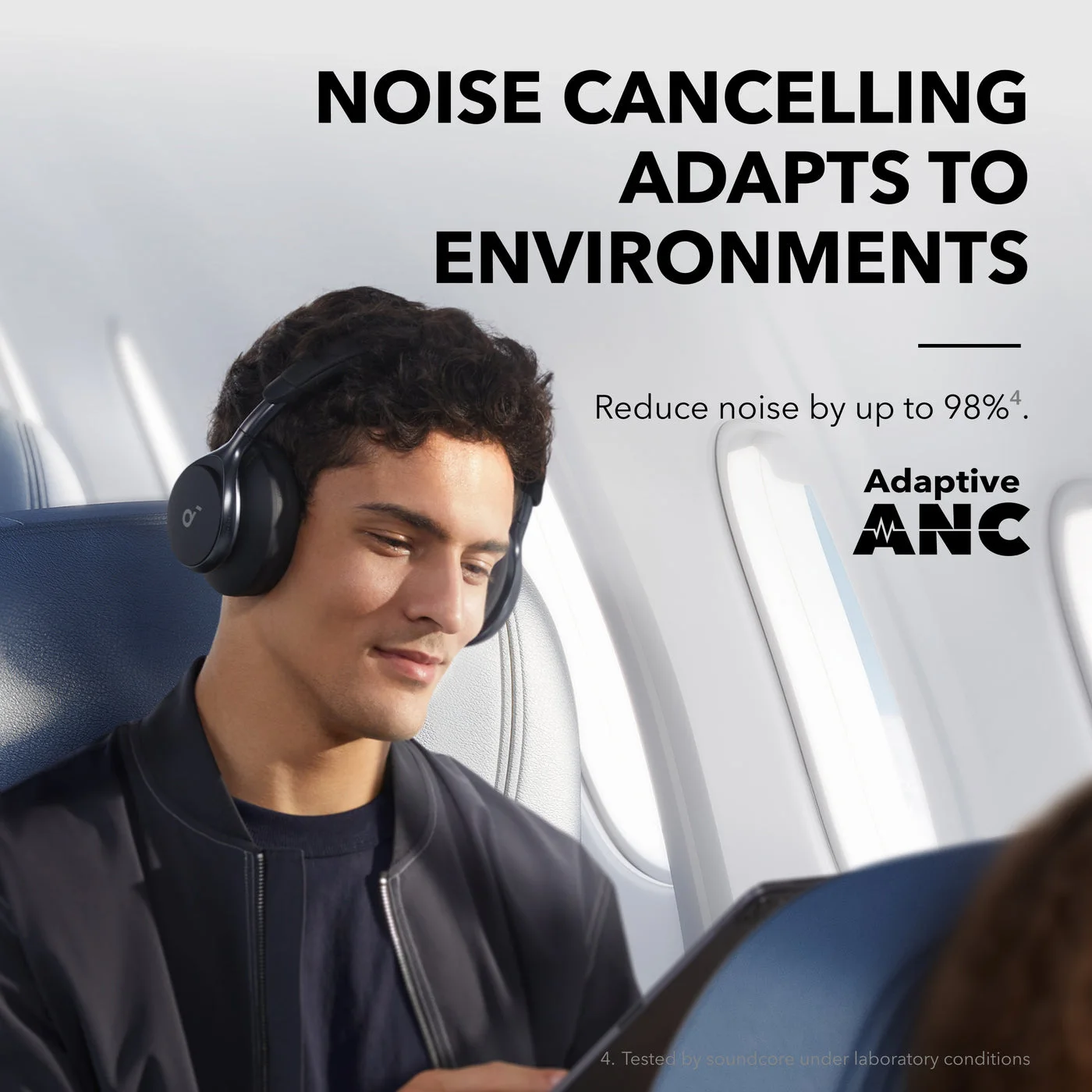 Manufacturer illustration of adaptive ANC in an aircraft cabin; not a measured performance result.