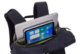 Laptop and tablet storage illustrated with devices not included.