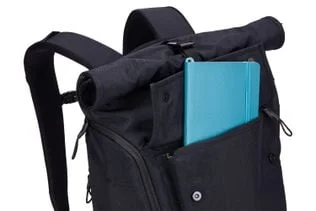 Front storage pocket illustrated with a notebook.