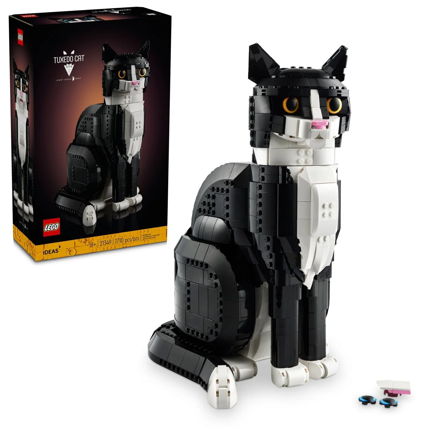 LEGO Tuxedo Cat 21349 box and completed model; assembly is required, and the photograph is not a ready-made statue offer.