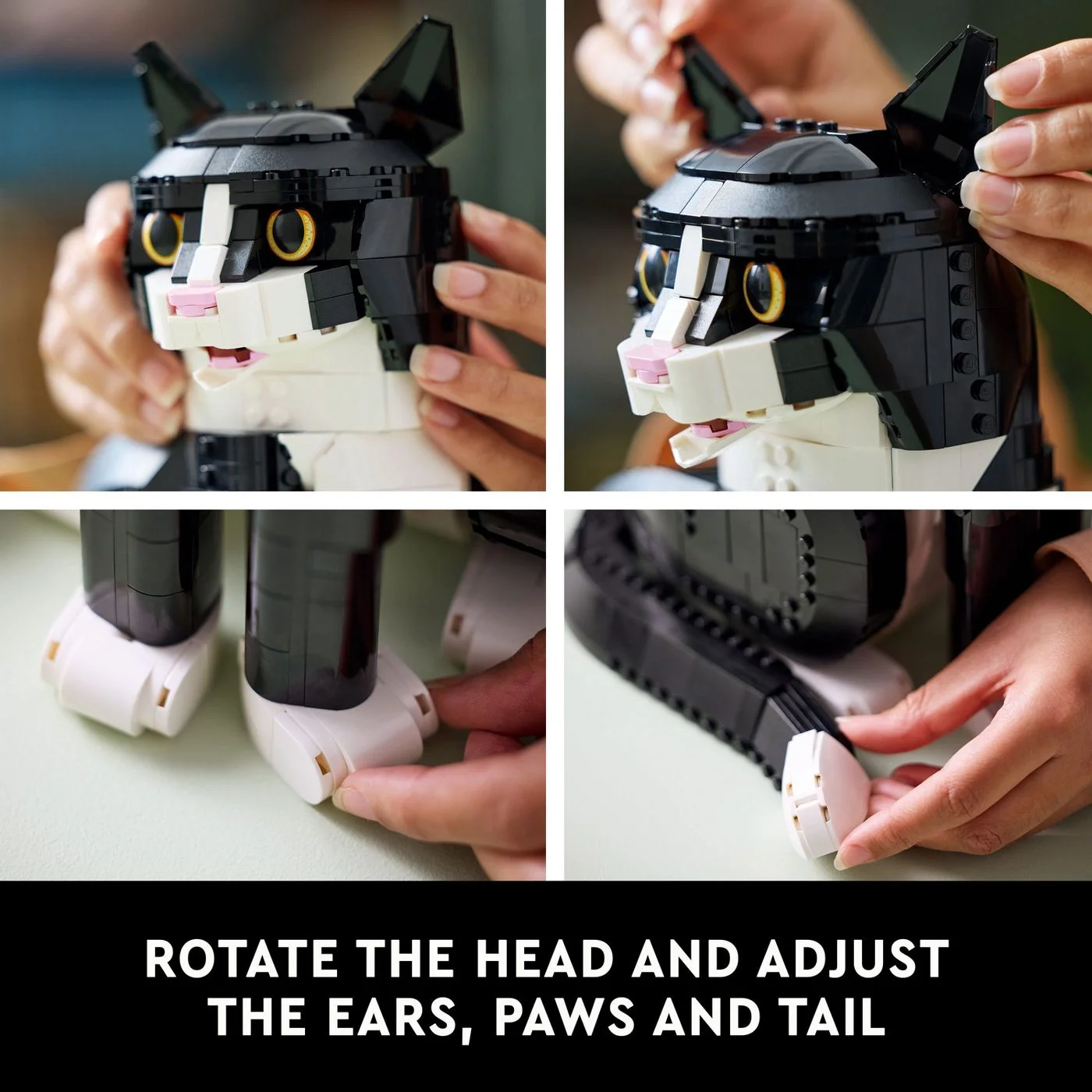 Manufacturer collage demonstrates adjusting the head, ears, paws and tail, not a FINDWEAVE hands-on test.