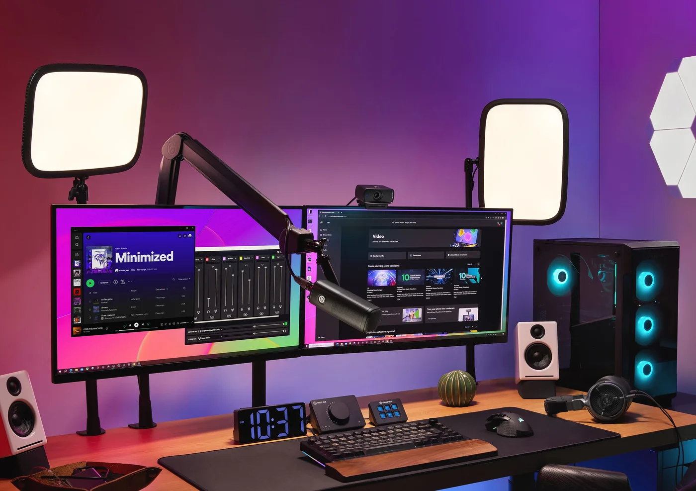 A larger creator workstation illustrates placement; accessories and computer are not included with the webcam.