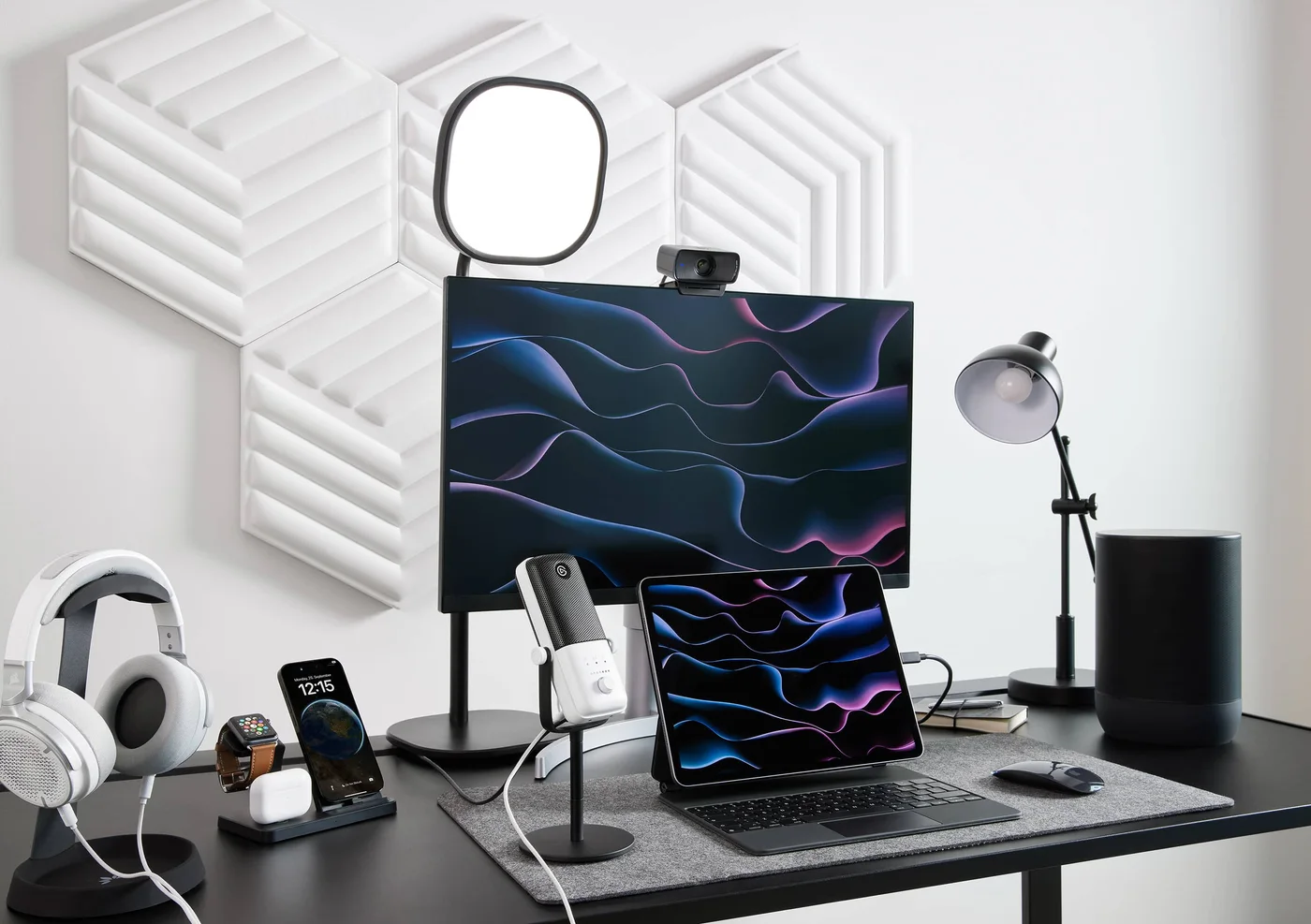 Manufacturer desktop setup with separately sold lighting and audio equipment.