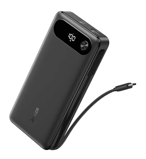 The selected black A1383 power bank with its built-in USB-C cable.