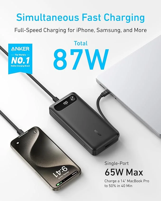 The maker's diagram distinguishes the 87W shared total from up-to-65W single-device charging.