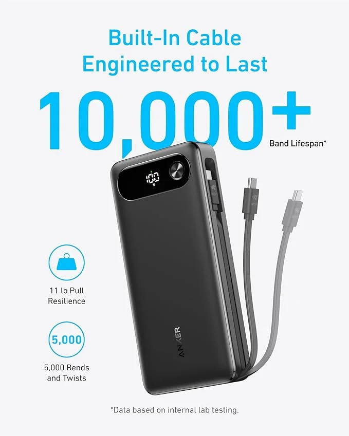 The built-in cable illustration highlights a convenience that still requires careful handling; durability counts are manufacturer claims.