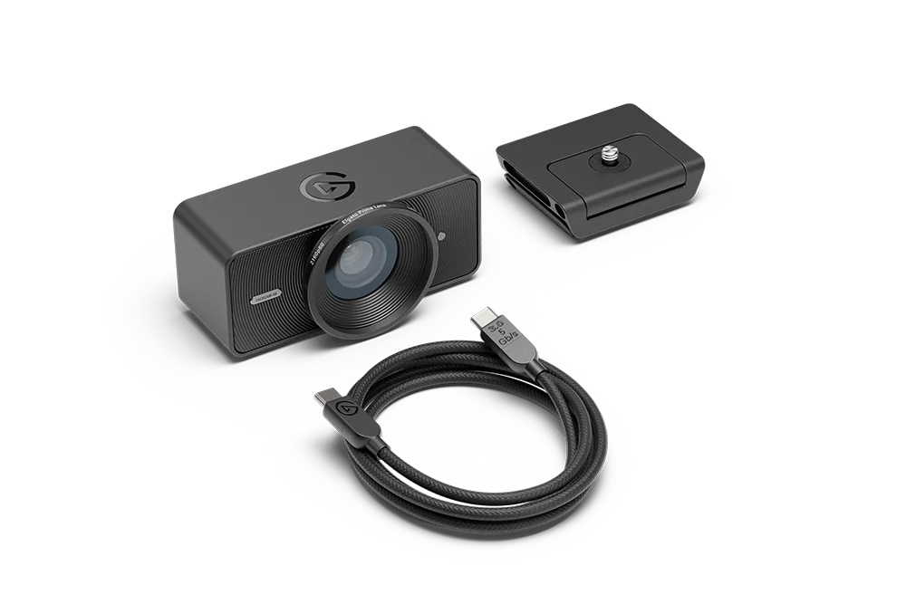 Manufacturer box-contents view: webcam, mount and detachable USB cable.