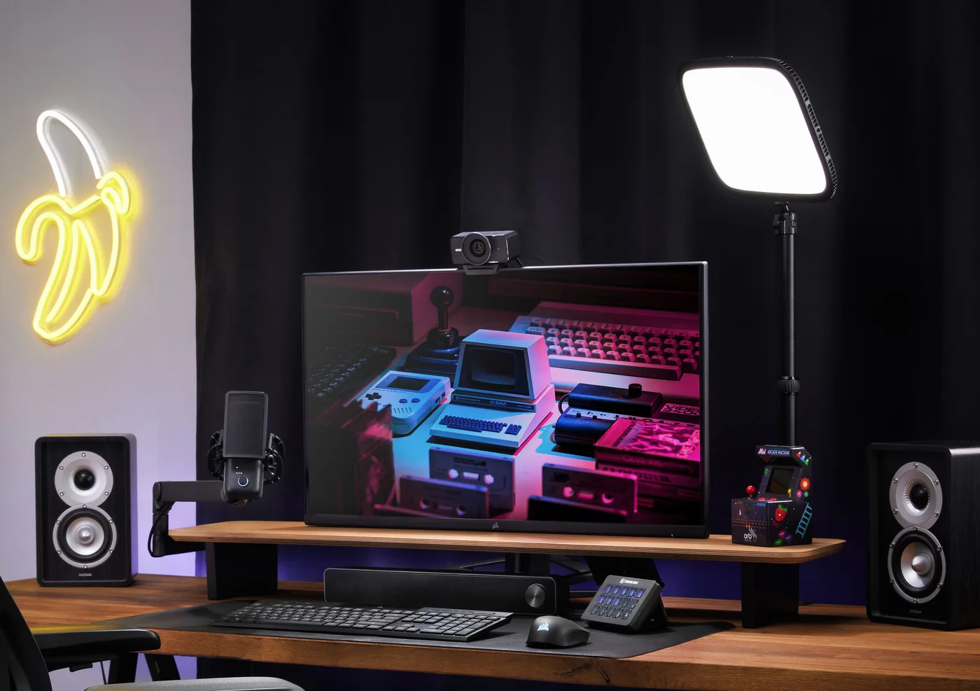 A manufacturer's gaming-desk setup with separately sold lighting and computer equipment.