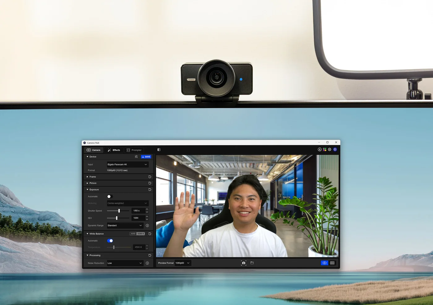 Facecam 4K above a monitor in a composed recording setup; displayed footage is the maker's example.