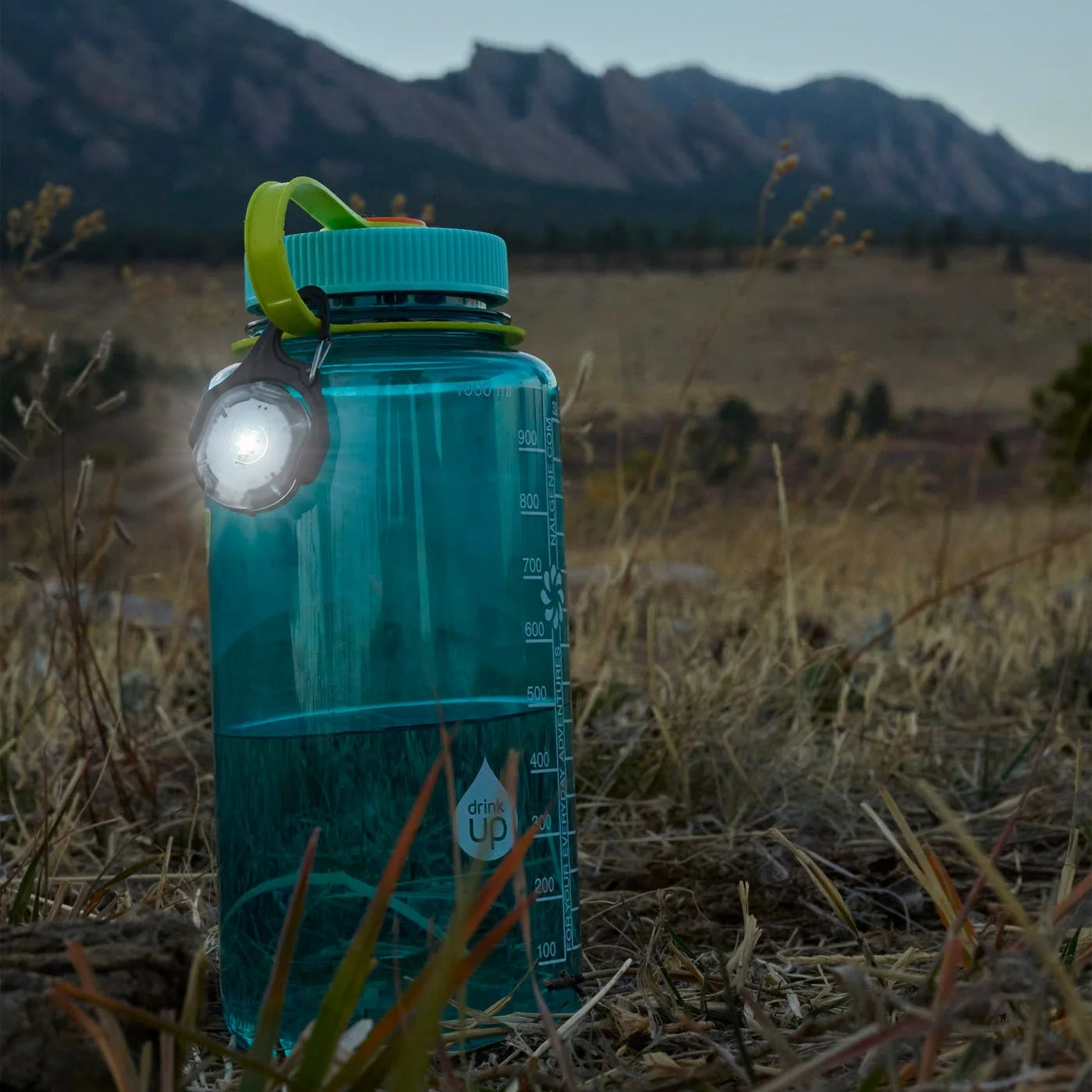 Maker-staged bottle attachment illustrates size and placement, not a measured visibility claim.
