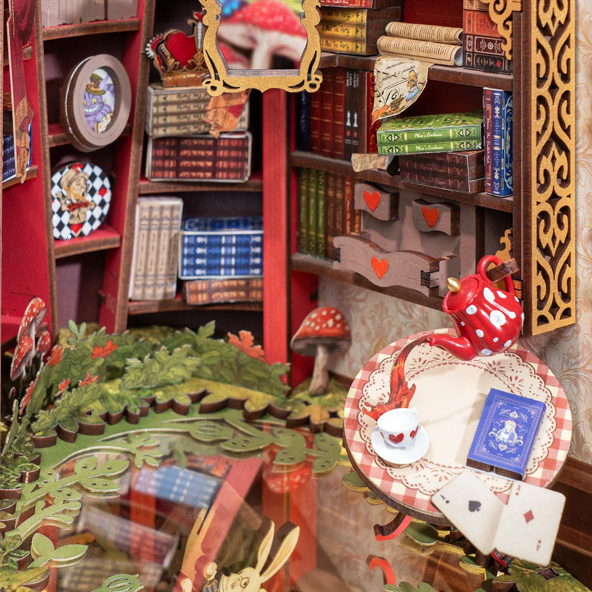 Interior books, tea set and woodland details