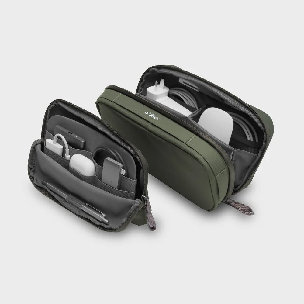 Olive main tech pouch and removable inner pouch with example electronics, which are not included.