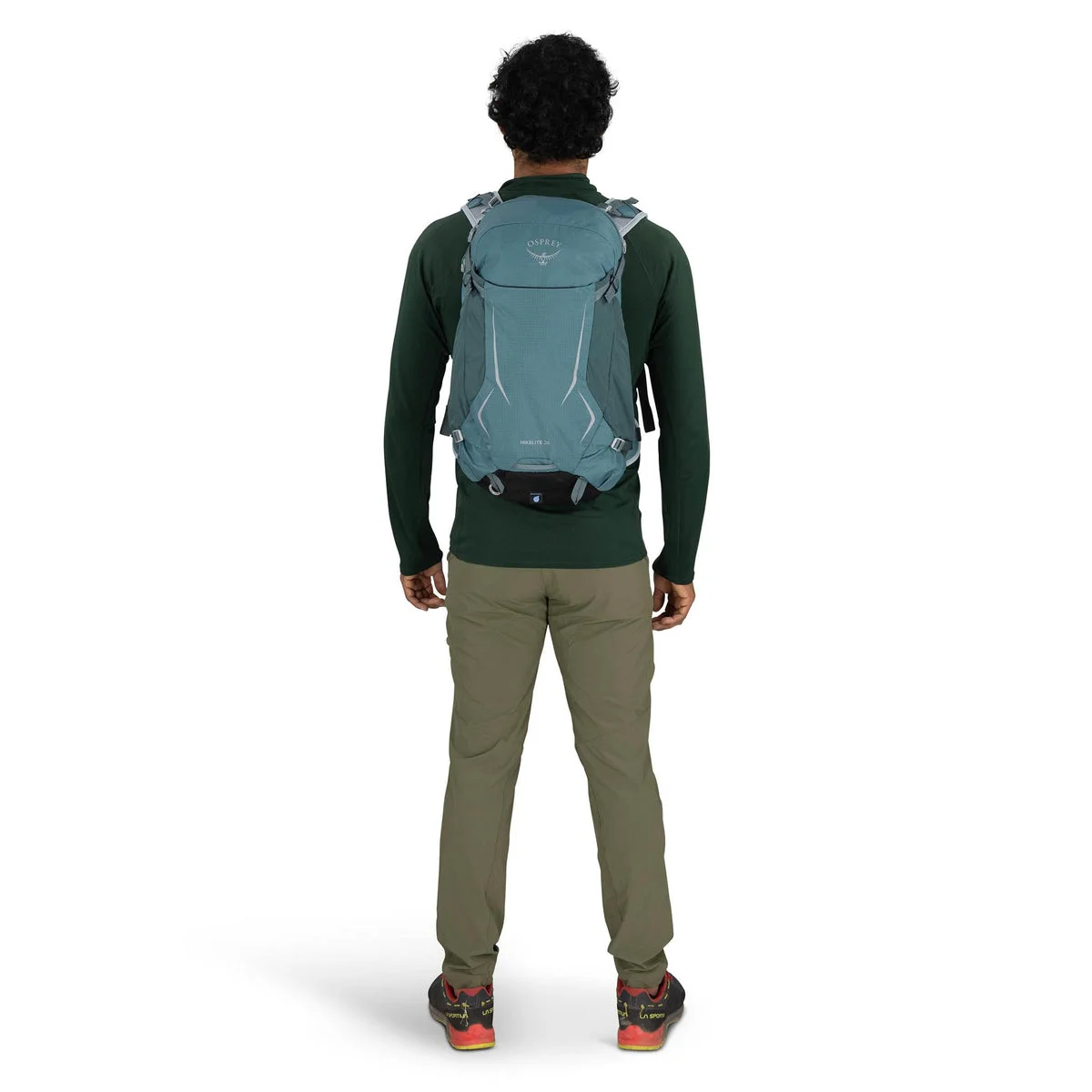 Blue same-model pack worn, rear view; check your own loaded fit.