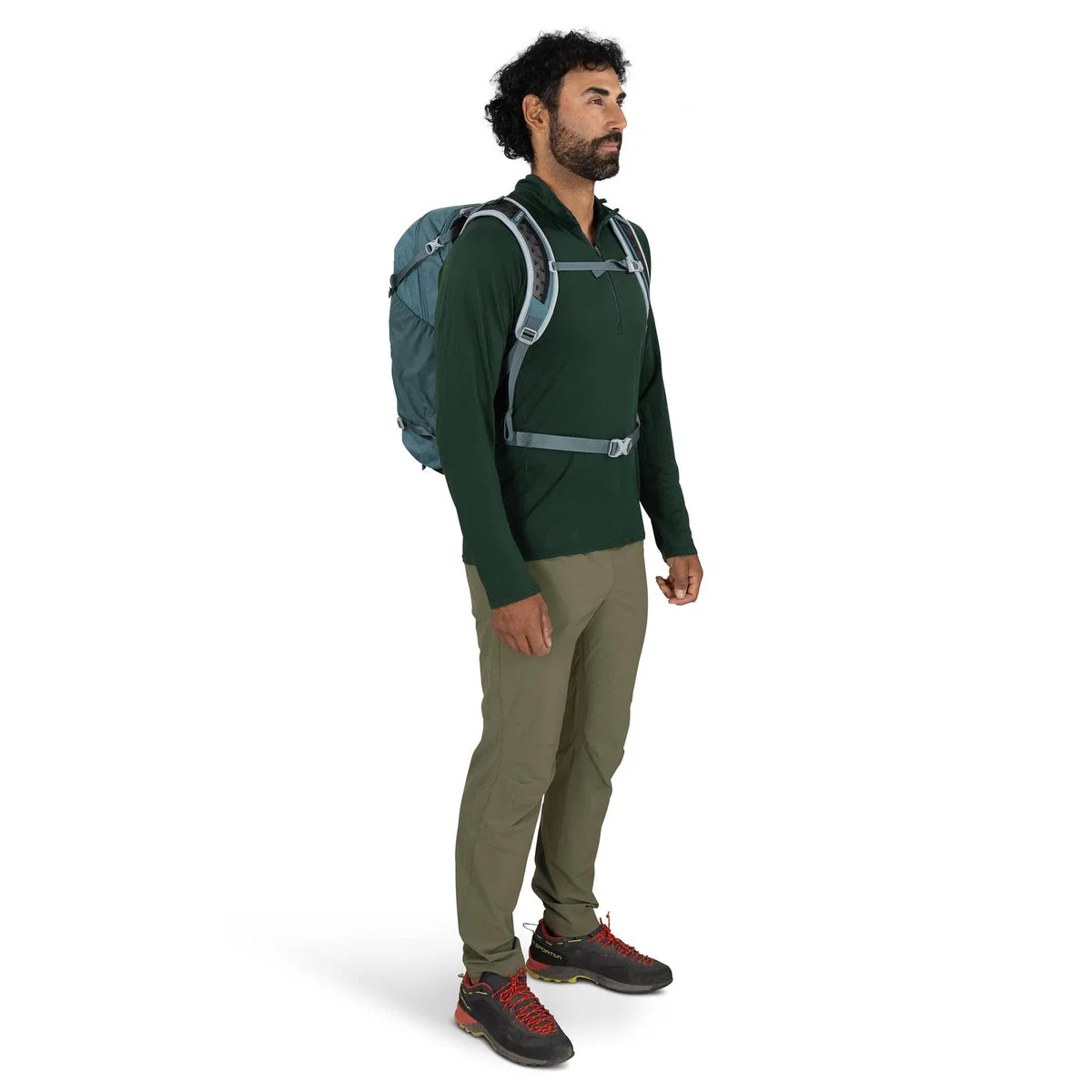 Blue same-model front carry view showing harness position.