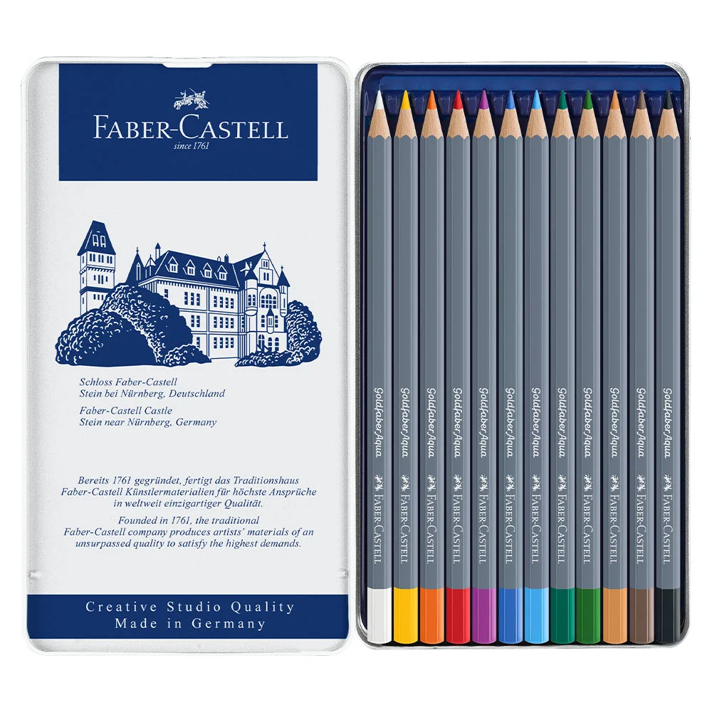 Open standard twelve-colour tin showing the pencil selection and reusable case.
