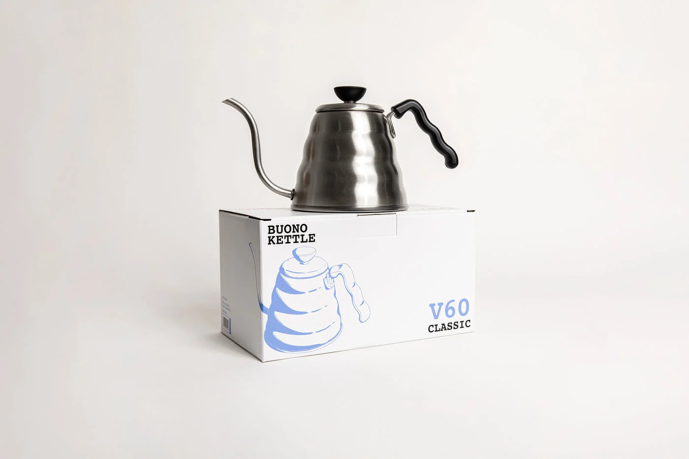 Selected Silver Buono 1.2L kettle, shown with brand packaging.