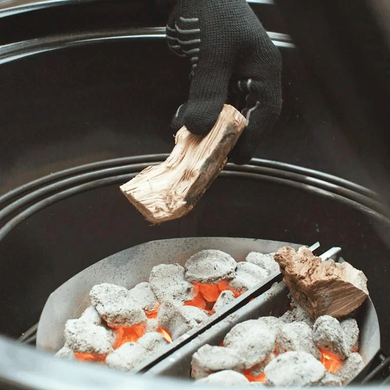 Manufacturer Summit Kamado demonstration with fuel and wood; other equipment is not included.
