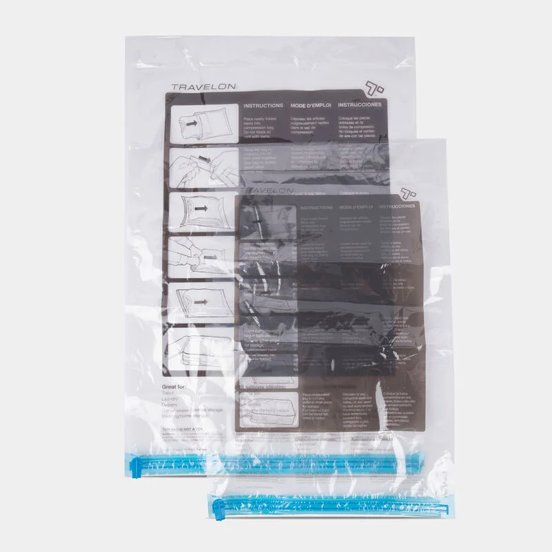 One medium and one large clear compression bag, with illustrative clothing inside.