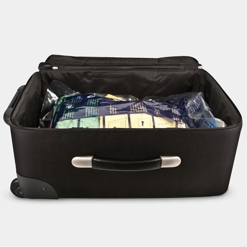 Maker suitcase arrangement with compression bags; suitcase and contents are not included.