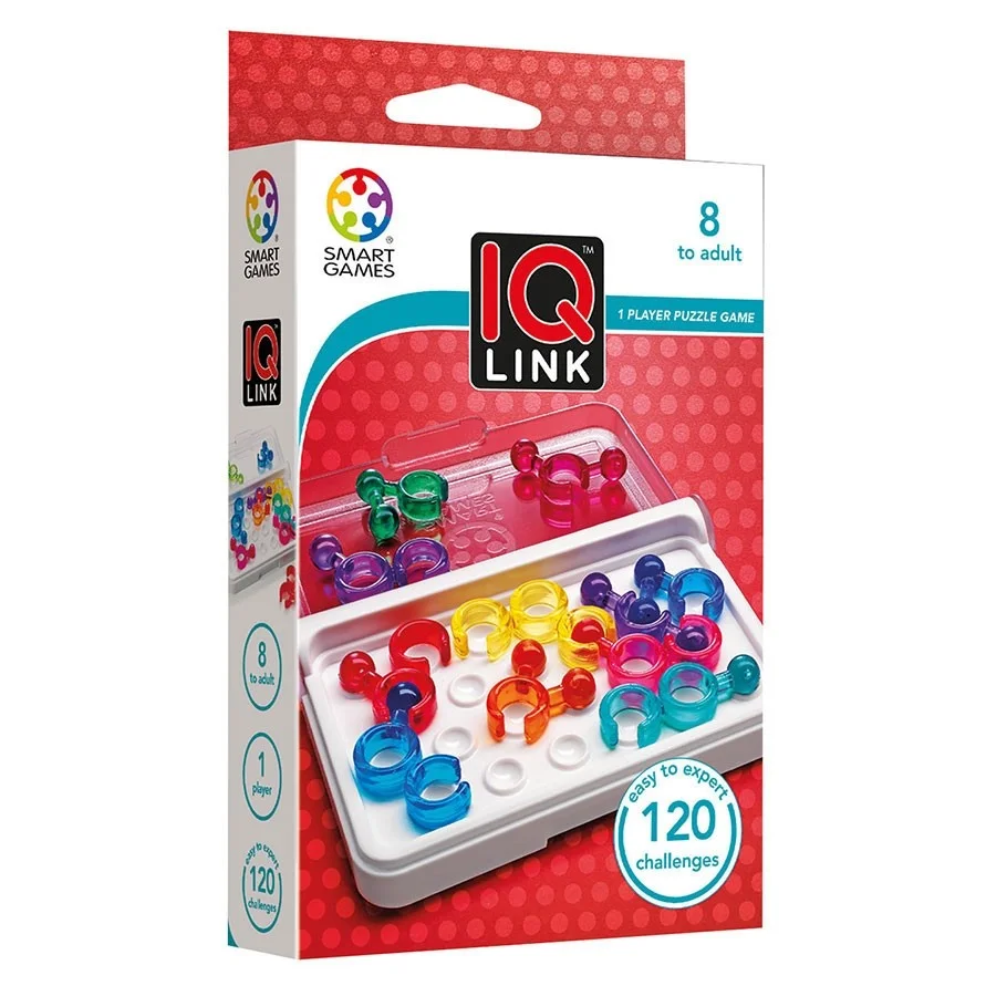 Official IQ Link packaging showing the age8plus and120challenge format.