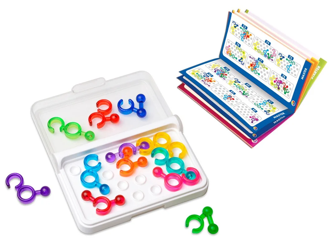 IQ Link board, twelve translucent pieces and challenge booklet; an illustrated setup is not a purchased solution.