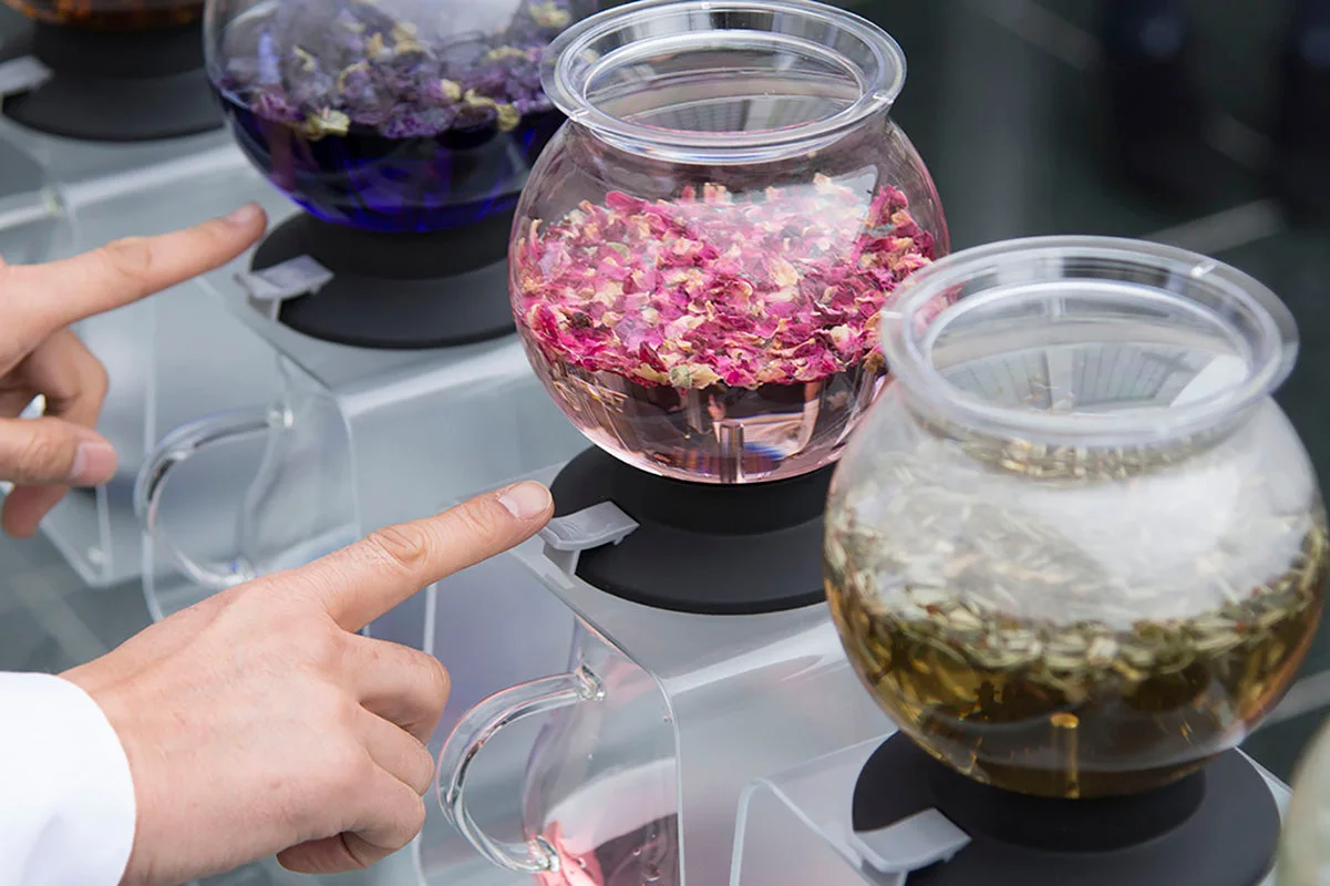 Multiple colourful herbal infusions from the maker gallery, not a health claim.