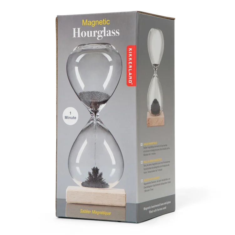 Selected Magnetic Hourglass retail packaging; follow its glass and base handling instructions.