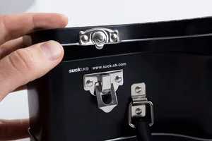 Close view of the carrying handle and metal clasp.
