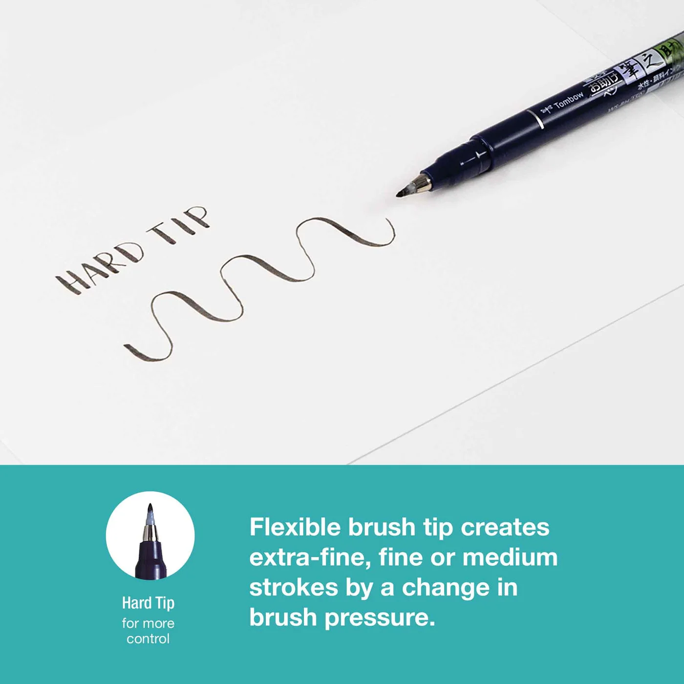 Flexible tip and stroke illustration, not a fixed-width fineliner.