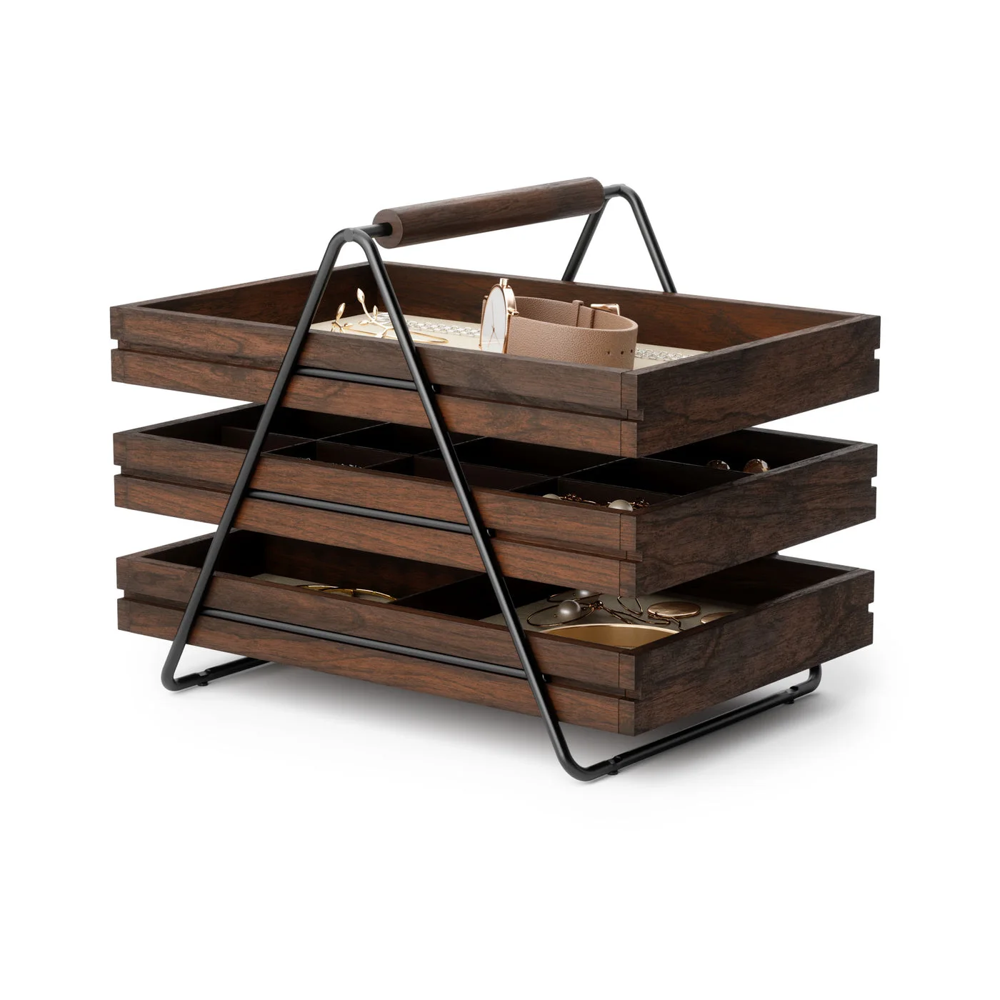 Selected black-frame walnut-finish Terrace with three sliding trays; jewellery is separate.