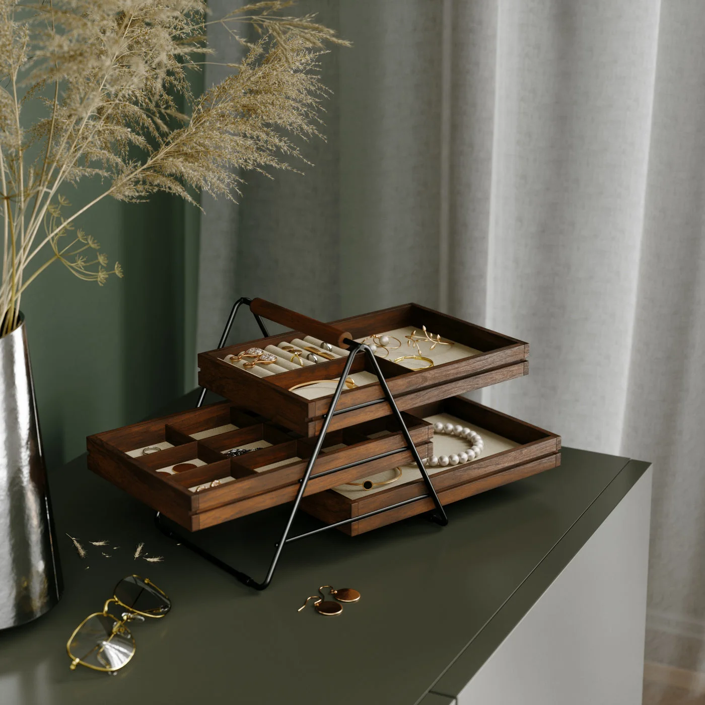 Manufacturer dresser styling showing access to the tray layers.