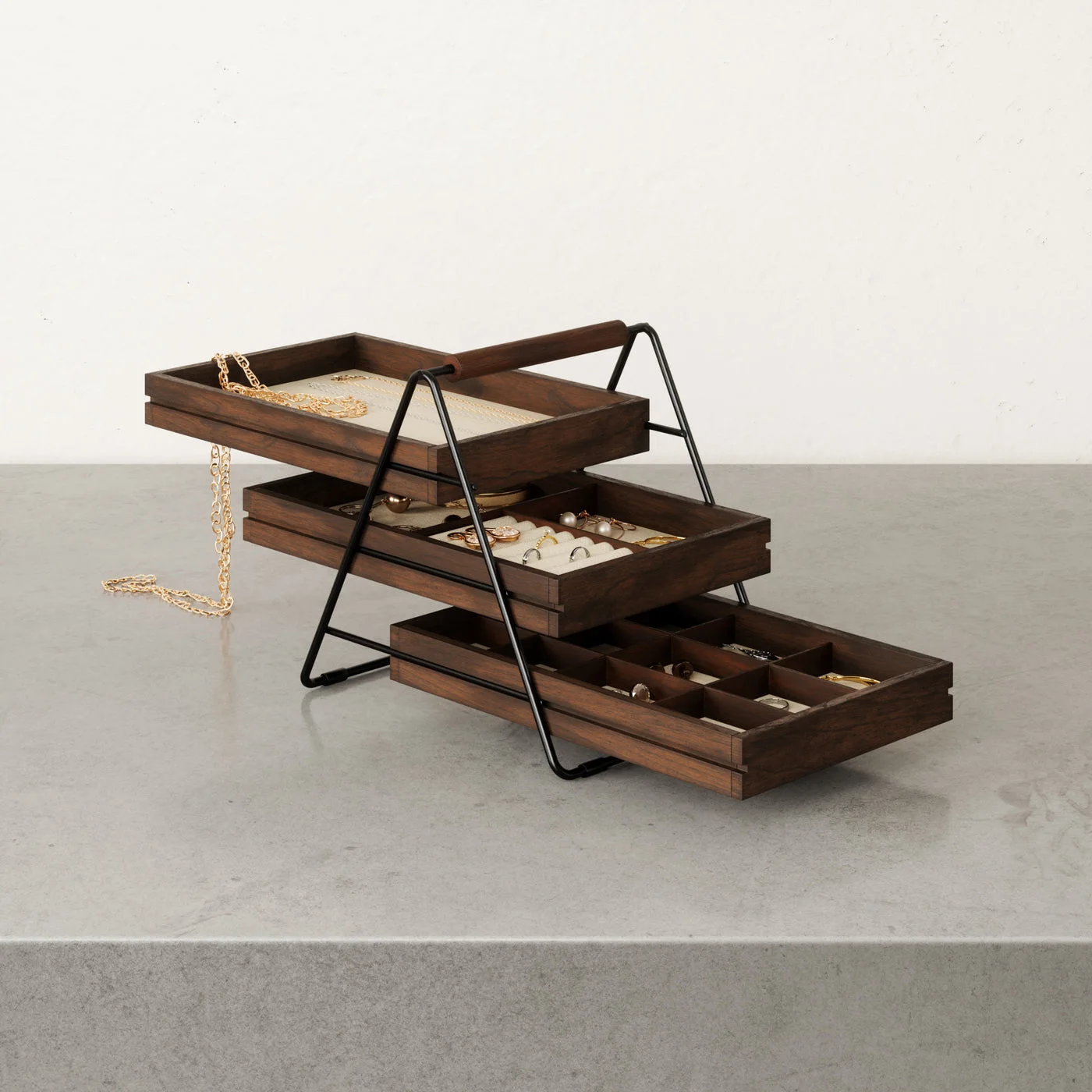 Terrace with trays partly extended and jewellery as demonstration props.