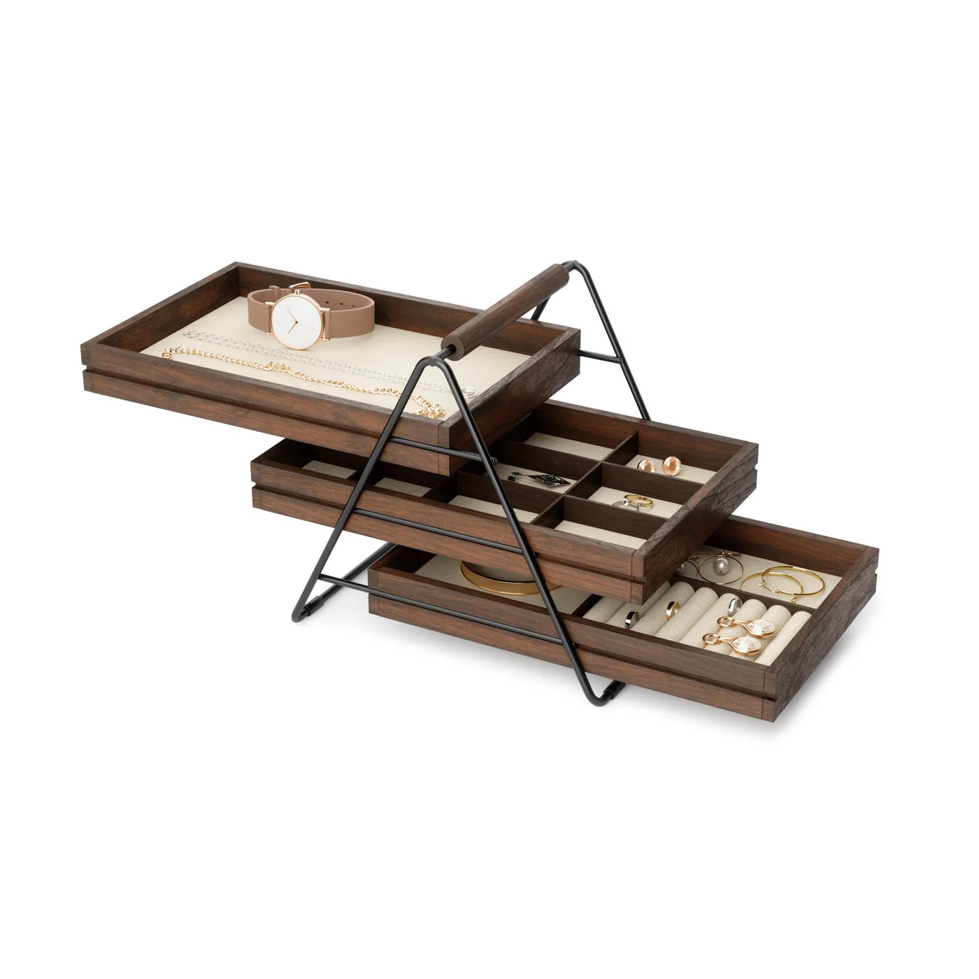 Extended lined trays showing different divider arrangements.