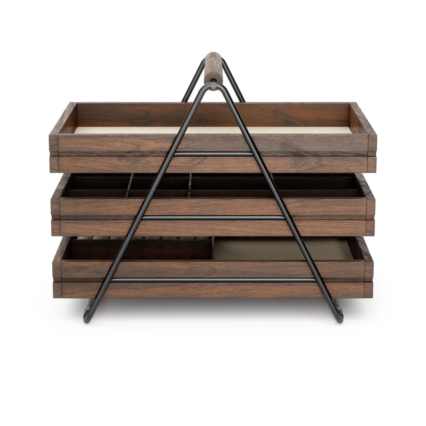 Front view with trays seated in the metal frame.