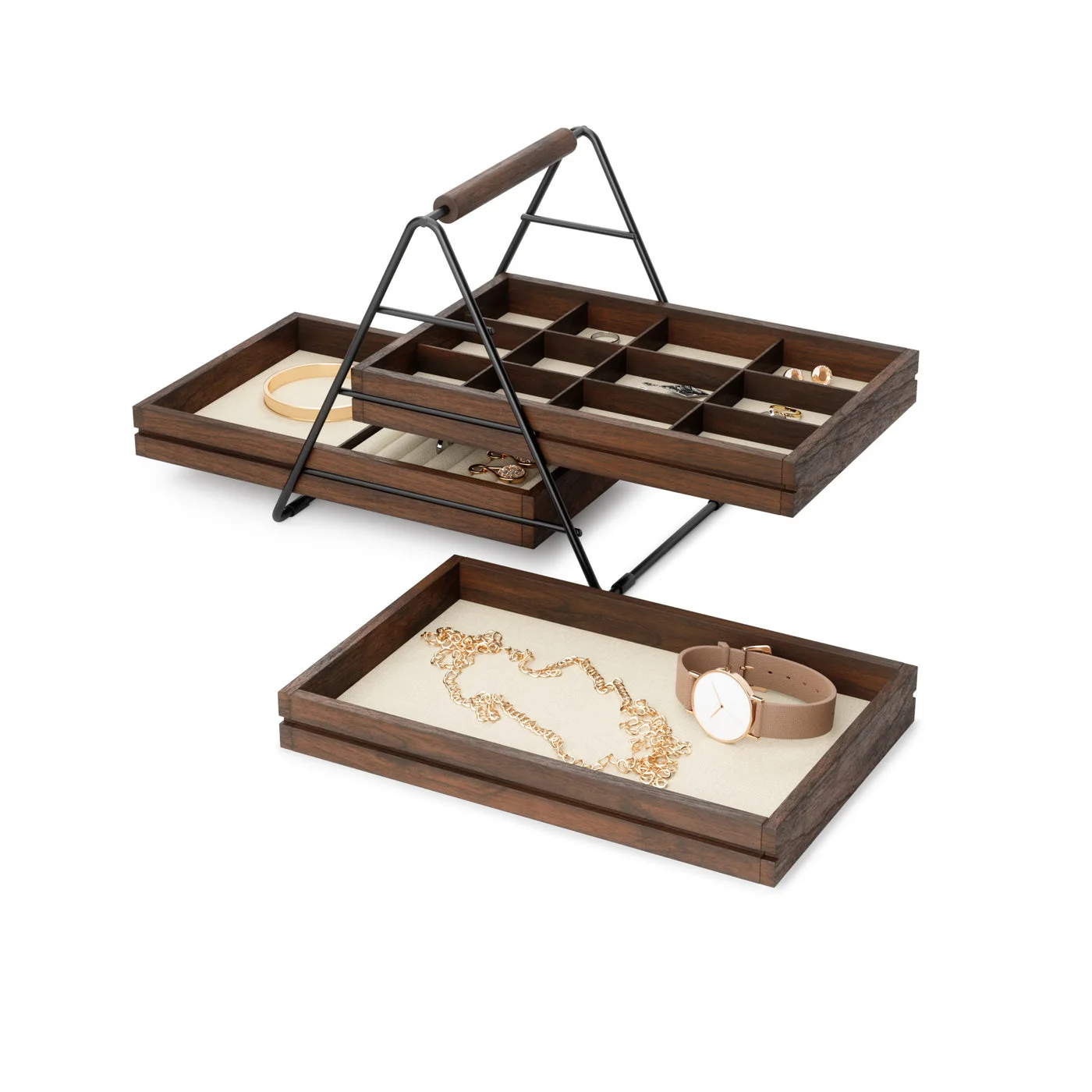 Top and lower trays extended to show the interior layout.