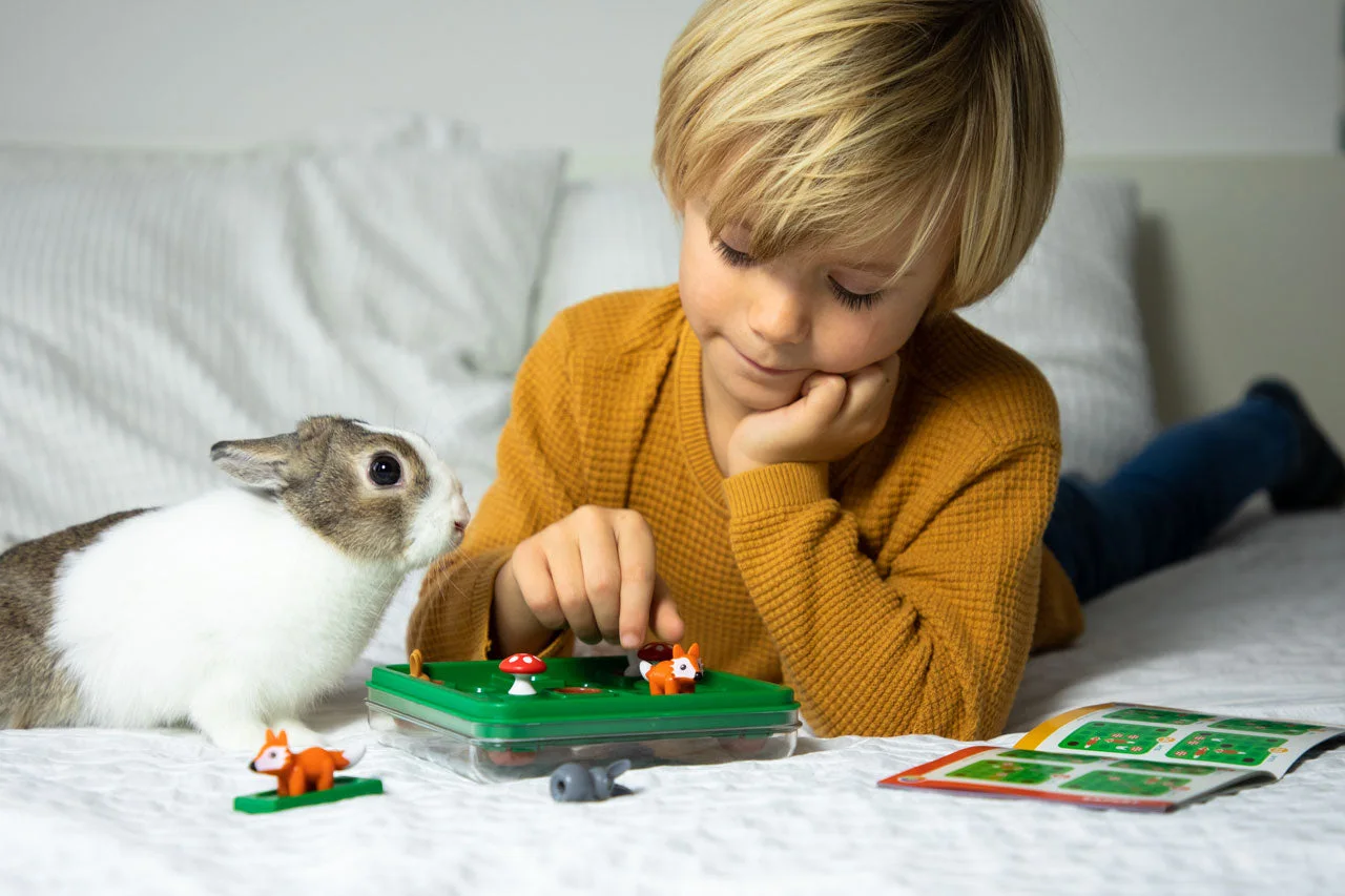 Maker play scene with a rabbit nearby; the real animal is not included.