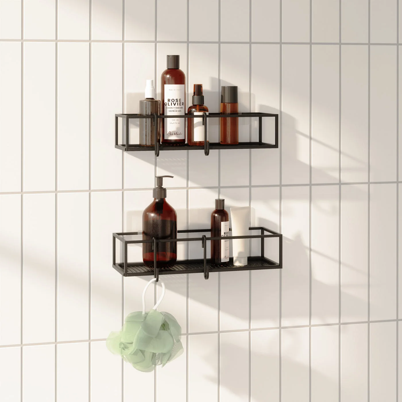 Maker bathroom storage example; bottles and accessories are not included.