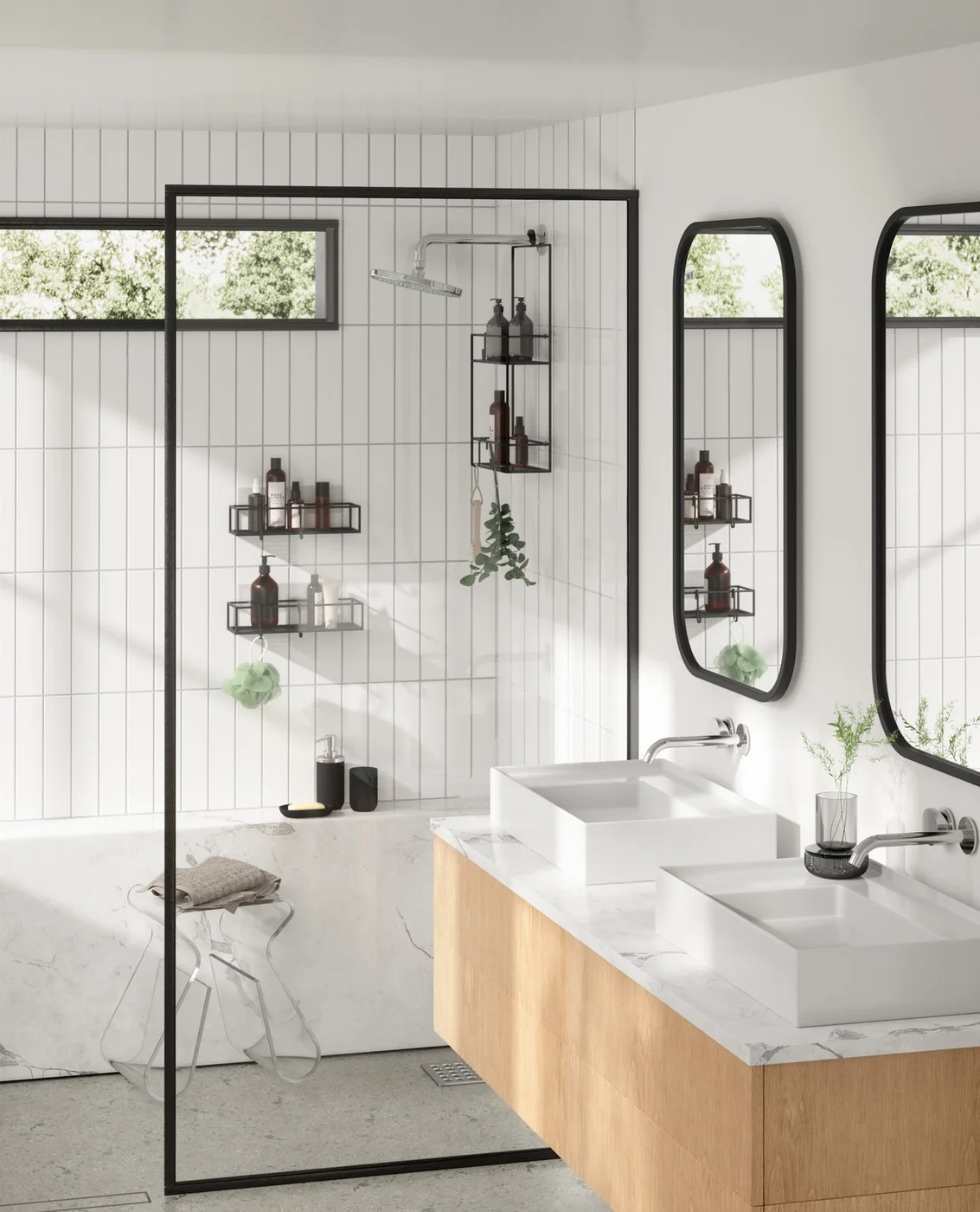 Manufacturer bathroom-wide placement example; mirror, fixtures and other furnishings are separate.